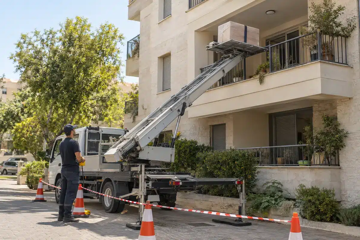 מעלון רהיטים מעביר רהיט עטוף למרפסת מעל אזור עבודה מגודר