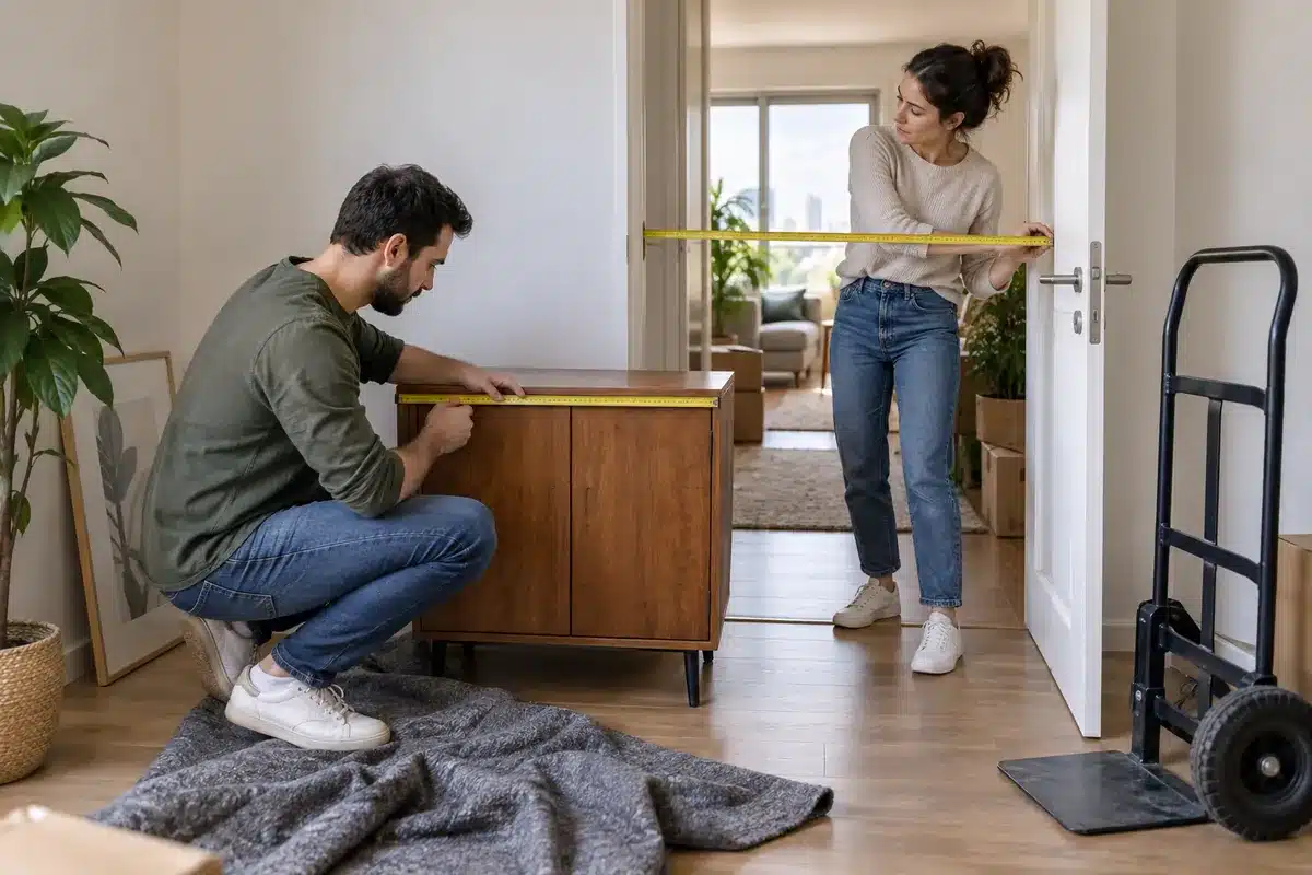 מדידת שידה ופתח דלת לפני הובלה כדי לוודא שהרהיט עובר בבטחה